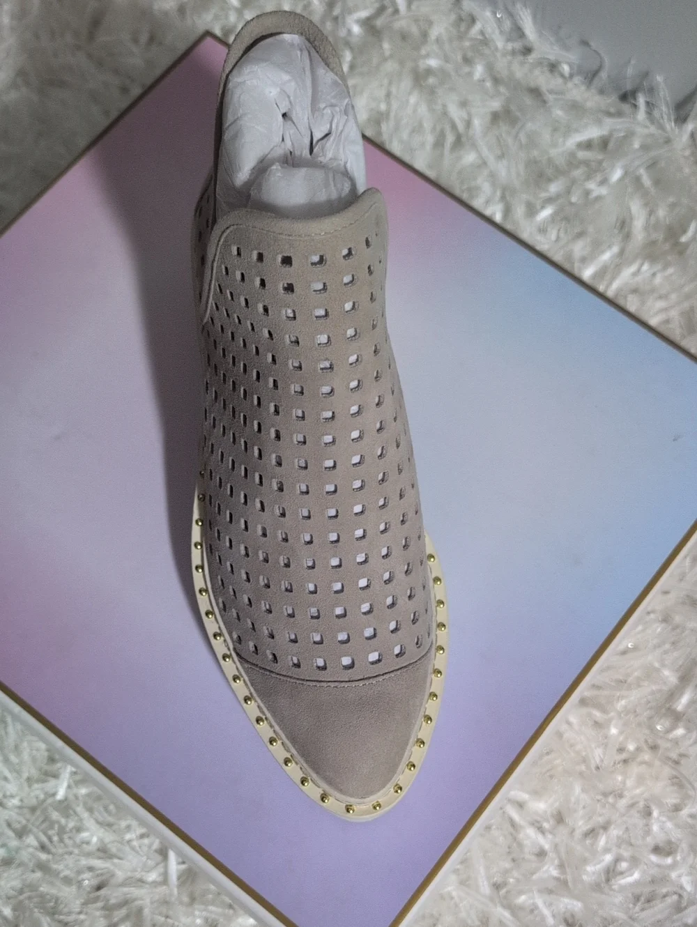 Celine Beige Perforated Wedge Bootie - Womens